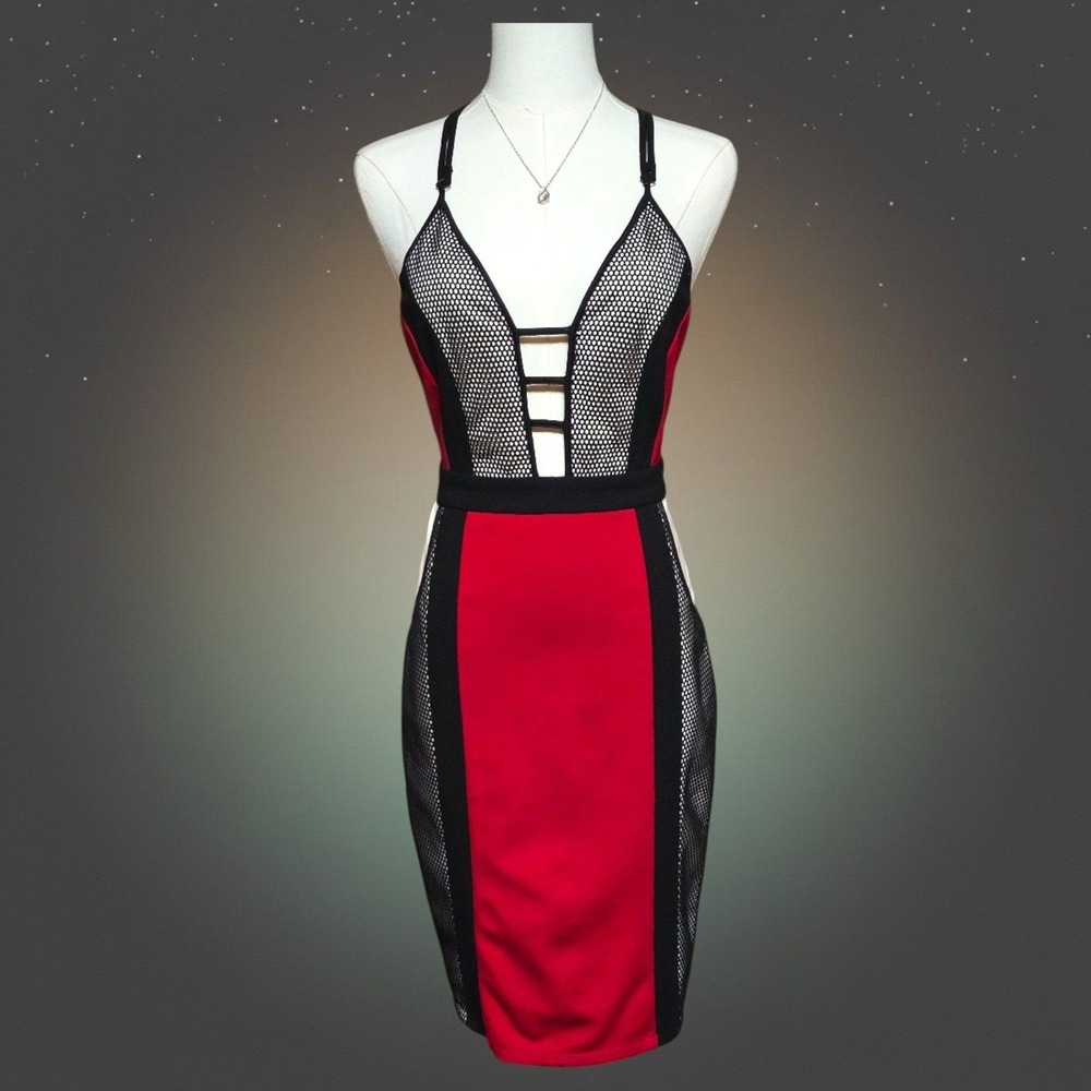 Hego Red Black Colorblock Mesh Bodycon Dress Sleeveless Midi Racerback Small